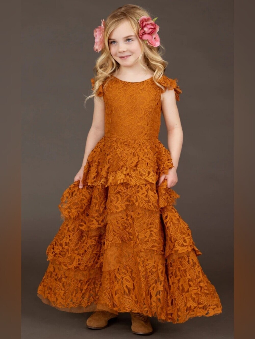 Joyfolie Lyra Toddler Girls Tiered Lace Maxi Dress in Marigold 3T